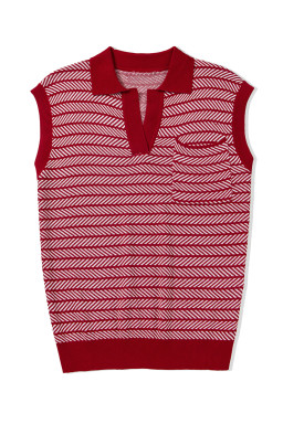 Red Stripe Contrast Trim Sleeveless Polo Collar Sweater