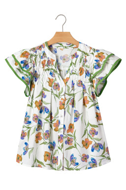 Green Floral Print Ruffle V-Neck Pressed Pleats Binding Tape Cotton Blouse