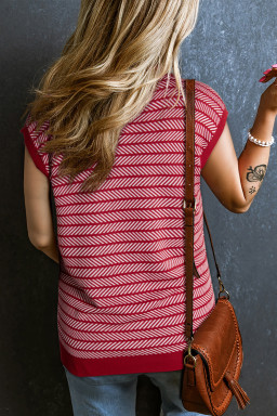 Red Stripe Contrast Trim Sleeveless Polo Collar Sweater