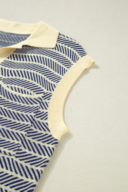 Navy Stripe Contrast Trim Sleeveless Polo Collar Sweater