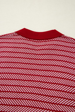 Red Stripe Contrast Trim Sleeveless Polo Collar Sweater
