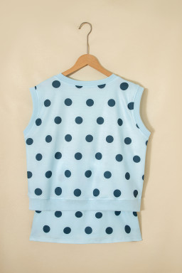 Sky Blue Ribbed Trim Polka Dot Print Tank Split Mini Skort 2pcs Set