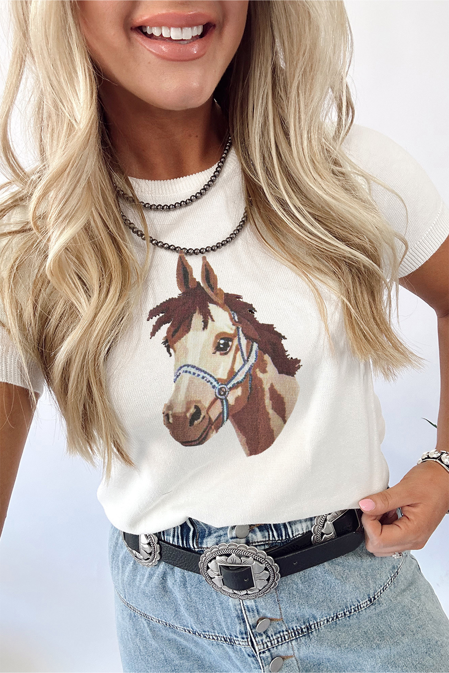 White Wild West Horse Head Printed Short Sleeve Sweater