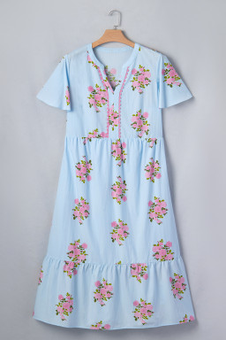 Sky Blue Plus Size Floral Print Scalloped Trim V-Neck Dress