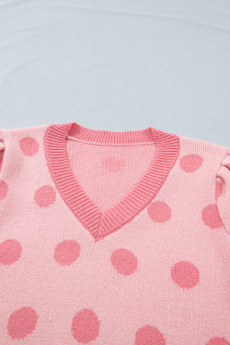 Rose Red Polka Dot Puff Short Sleeve Sweater Top