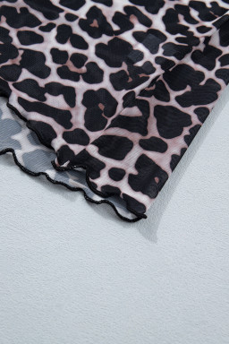 Khaki Leopard Print Sheer Mesh Short Sleeve Top