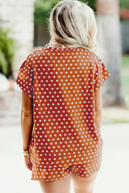 Brown Polka Dot Print Dropped Shoulder Tee Plus Size Short Set