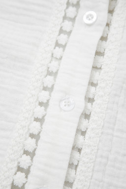 White Lace Trim Cuffed Short Sleeve Textured Shirt
