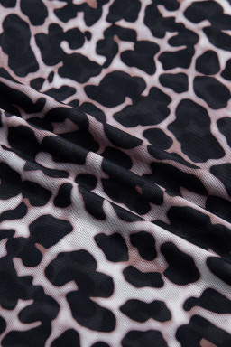Khaki Leopard Print Sheer Mesh Short Sleeve Top