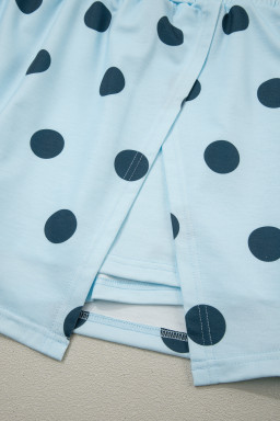 Sky Blue Ribbed Trim Polka Dot Print Tank Split Mini Skort 2pcs Set
