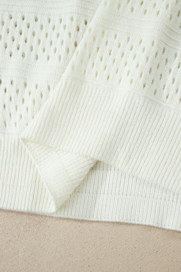 White Plus Size Eyelet Hollow Out Knit Ribbed Trim Short Sleeve Dolman Sweater