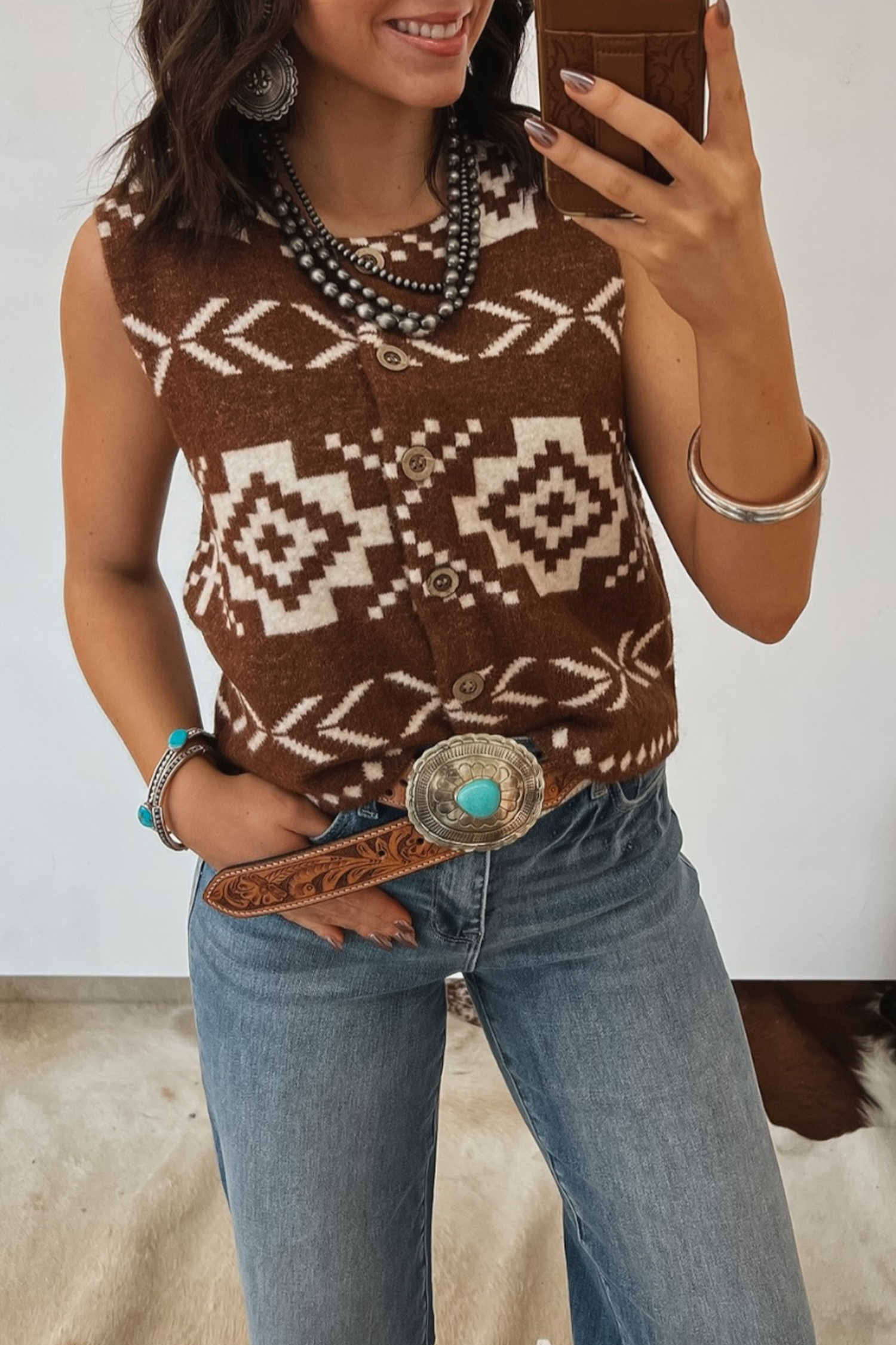 Brown Southwestern Aztec Button Square Neck Sweater Vest