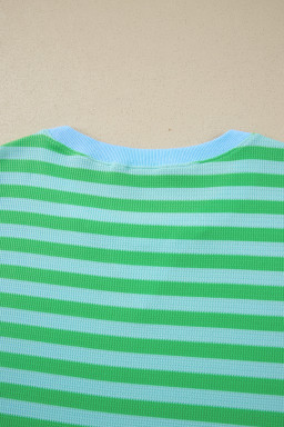 Green Stripe Plus Size Colorblock Detail Puff Sleeve Top Drawstring Shorts 2pcs Outfit