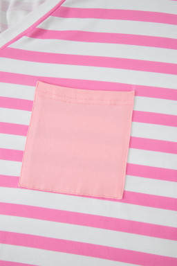 Pink Stripe Colorblock Patched Pocket V Neck Plus Size Tee