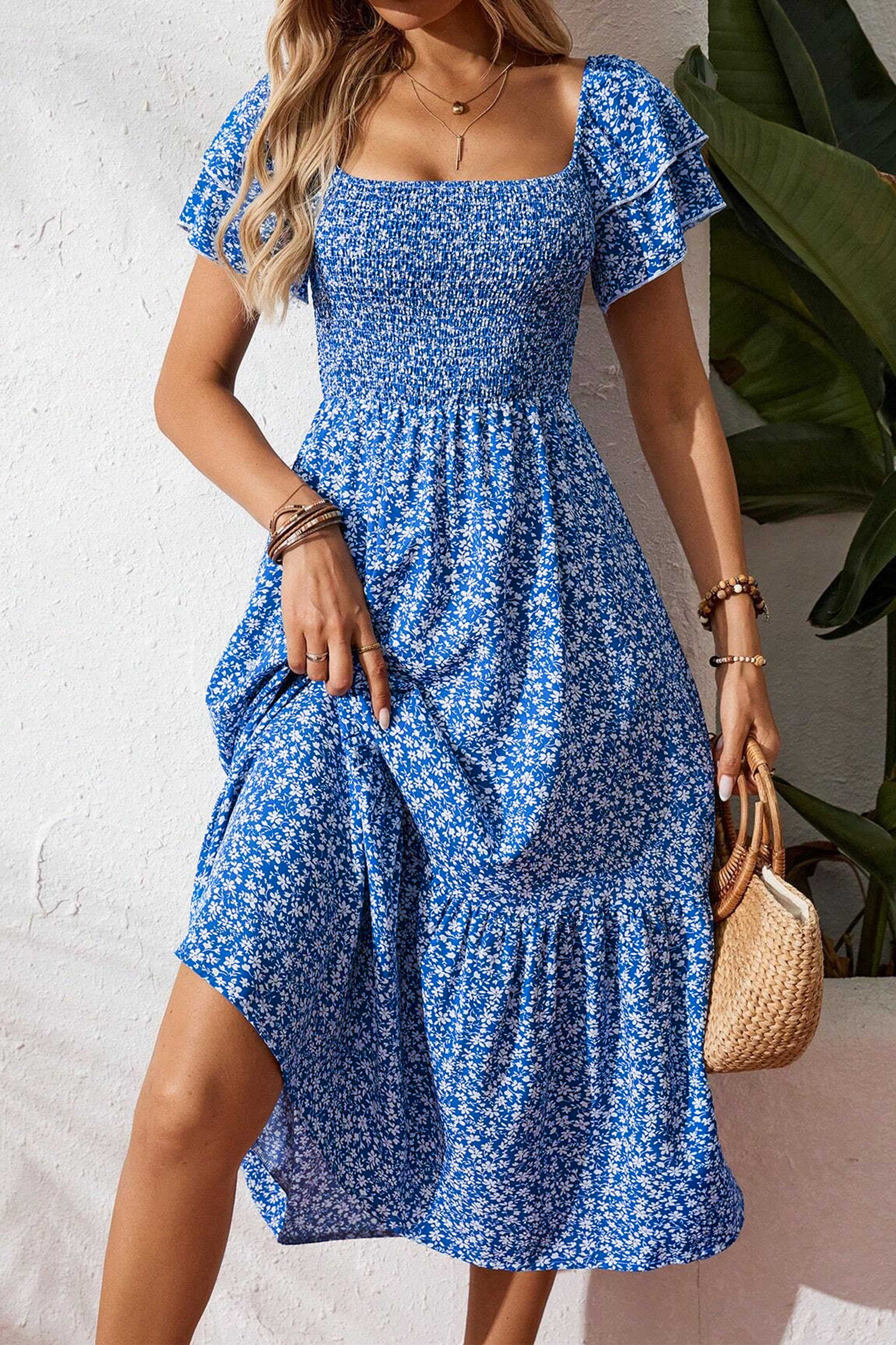Blue Ditsy Floral Print Smocked Square Neck Ruffle Short Sleeve Dress