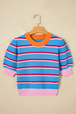 Sky Blue Stripe Colorblock Trim Half Sleeve Sweater Top