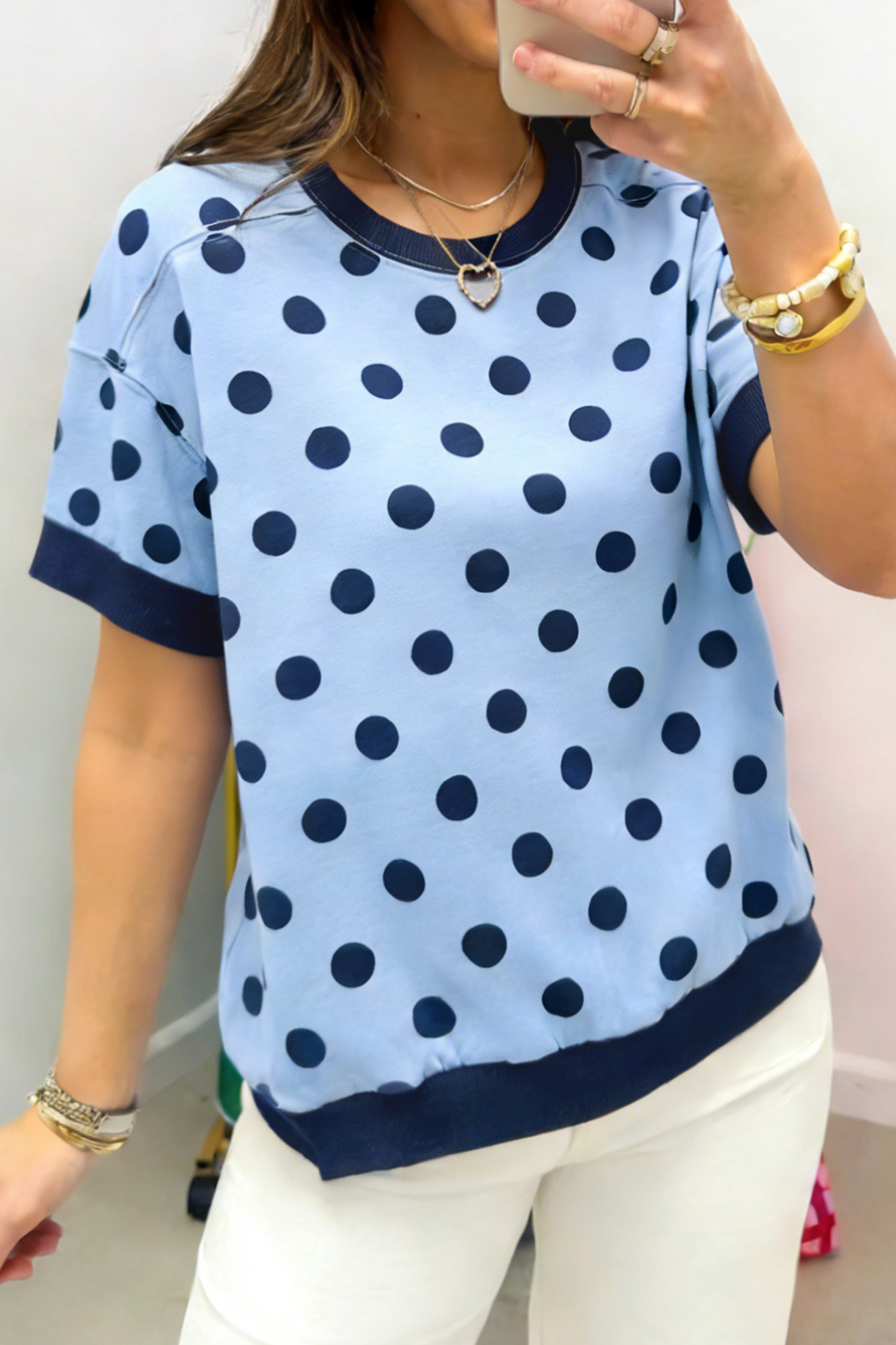 Blue Color Block Trim Polka Dot Casual Tee