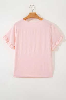 Light Pink Solid Color Ruffle Trim Short Sleeve Blouse