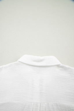 White Lace Trim Cuffed Short Sleeve Textured Shirt