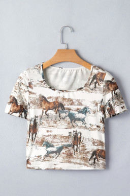 White Western Galloping Horses Printed Slim Fit T Shirt