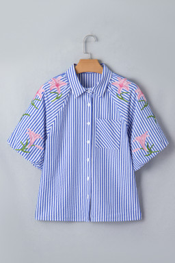 Sky Blue Stripe Lily Floral Embroidered Puff Sleeve Button Down Shirt