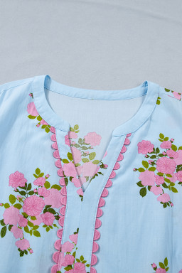 Sky Blue Plus Size Floral Print Scalloped Trim V-Neck Dress