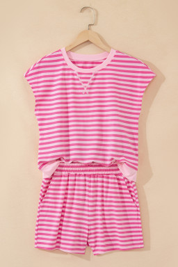 Pink Stripe Cap Sleeve Tee Elastic Waist Shorts 2pcs Outfit
