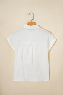 White Lace Trim Cuffed Short Sleeve Textured Shirt
