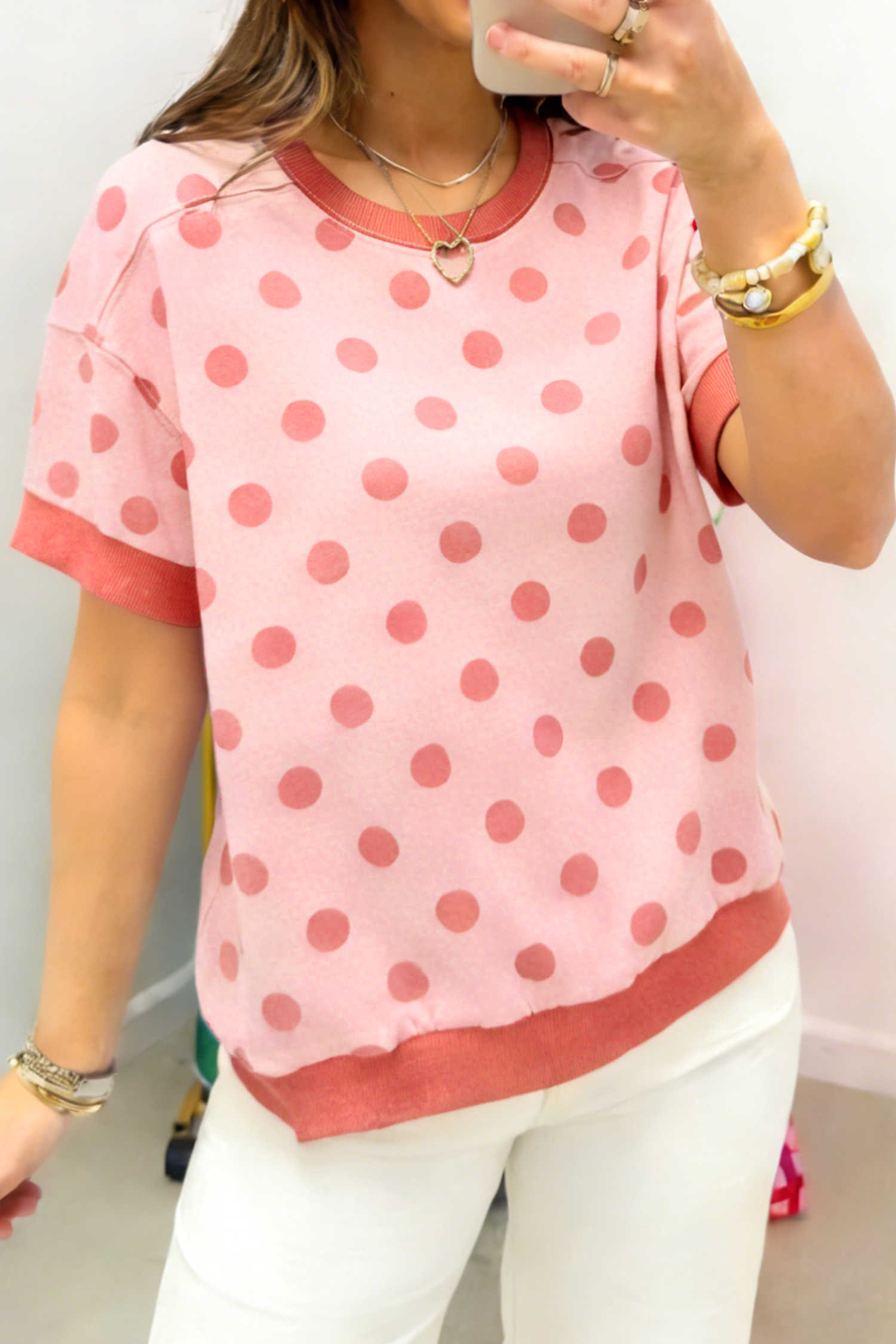 Pink Color Block Trim Polka Dot Casual Tee