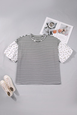 Black Stripe Plus Size Striped Short Sleeve Top with Floral Puff Sleeves