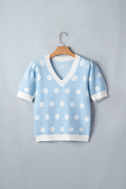Light Blue Polka Dot Puff Short Sleeve Sweater Top