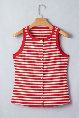 Red Stripe Buttoned Ribbed Knit Tank Top
