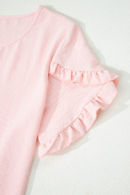 Light Pink Solid Color Ruffle Trim Short Sleeve Blouse