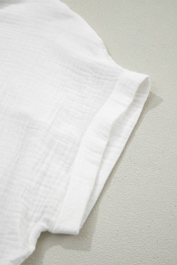White Lace Trim Cuffed Short Sleeve Textured Shirt