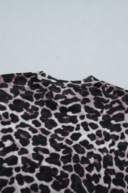 Khaki Leopard Print Sheer Mesh Short Sleeve Top