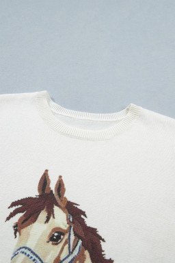 White Wild West Horse Head Printed Short Sleeve Sweater