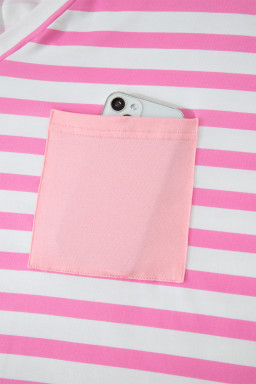 Pink Stripe Colorblock Patched Pocket V Neck Plus Size Tee