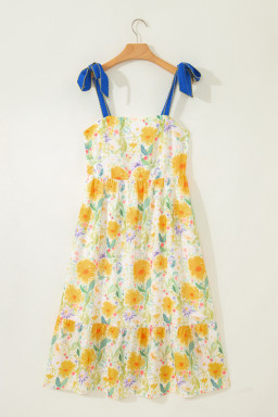 Yellow Floral Print Contrast Stitched Knot Denim Straps High Waist Dress