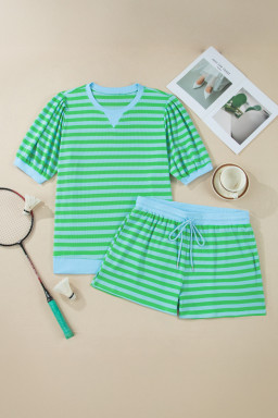 Green Stripe Plus Size Colorblock Detail Puff Sleeve Top Drawstring Shorts 2pcs Outfit