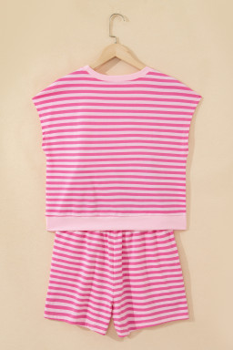 Pink Stripe Cap Sleeve Tee Elastic Waist Shorts 2pcs Outfit