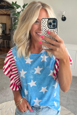 Sky Blue Vintage Star Print Striped Ruffle Sleeve Independence Day Top