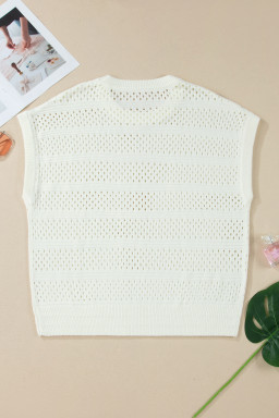 White Plus Size Eyelet Hollow Out Knit Ribbed Trim Short Sleeve Dolman Sweater