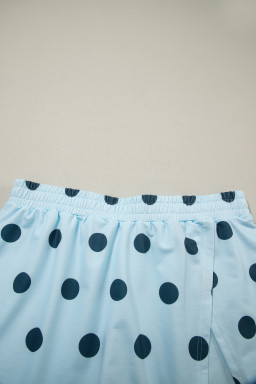 Sky Blue Ribbed Trim Polka Dot Print Tank Split Mini Skort 2pcs Set