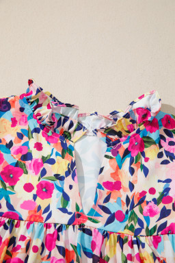 Pink Flower Print Frilled Collar Short Puff Sleeve Summer Blouse