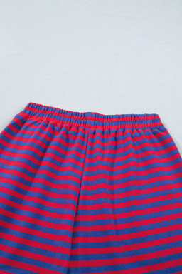 Navy Stripe Striped Ribbed Cotton Two-Piece Short Set with Chest Patch Detail