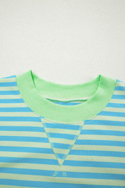 Green Stripe Color Block Detail Long Sleeve Pullover Elastic Waist Pull On Shorts 2pcs Set