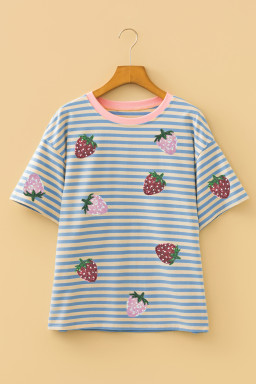 Sky Blue Stripe Sequin Strawberry Contrast Trim Round Neck Tee