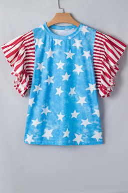 Sky Blue Vintage Star Print Striped Ruffle Sleeve Independence Day Top