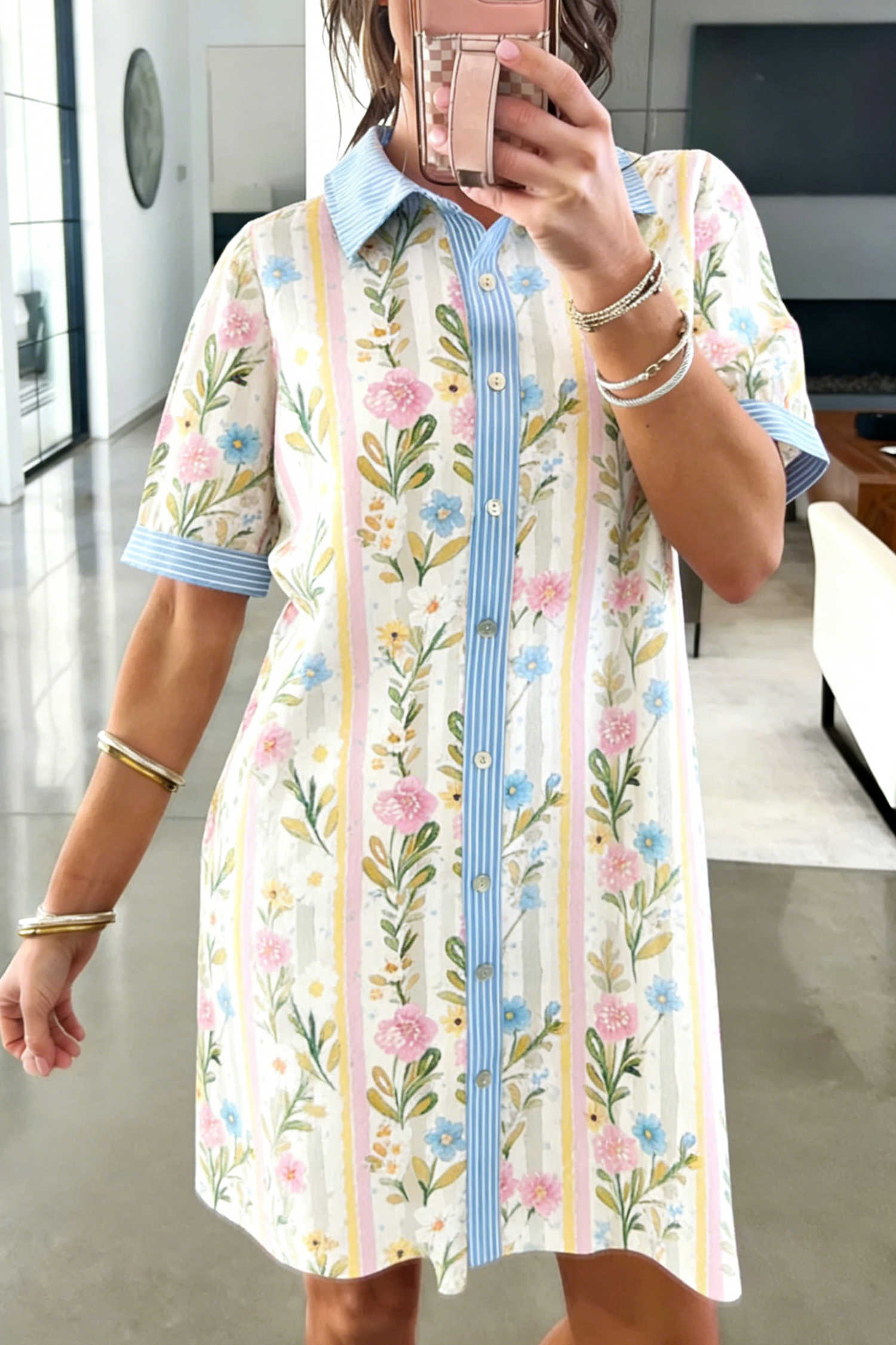 Multicolour Floral Print Striped Trim Button Down Shift Dress