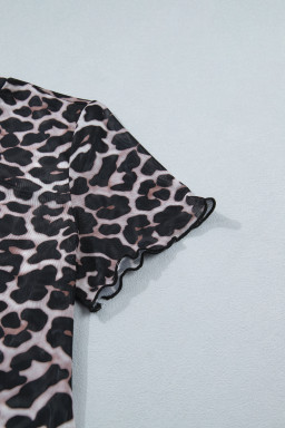 Khaki Leopard Print Sheer Mesh Short Sleeve Top